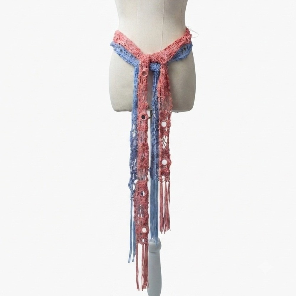 Y2K Boho Crochet Sash Belts Coral Blue Boho Fringe O-Ring Bundle of 2